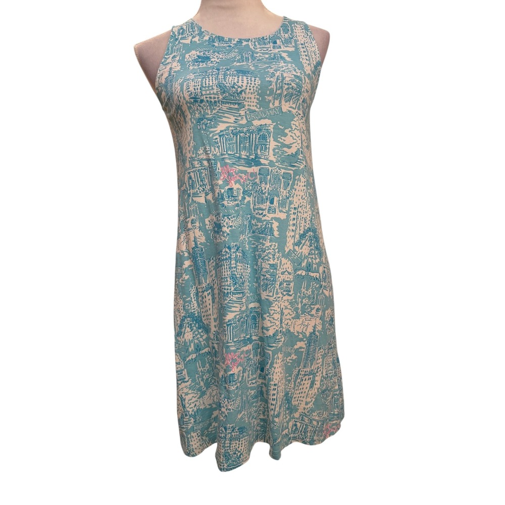 Lilly Pulitzer Shift Dress Womens XXS Blue NYC Skyline Print Lattice Back
